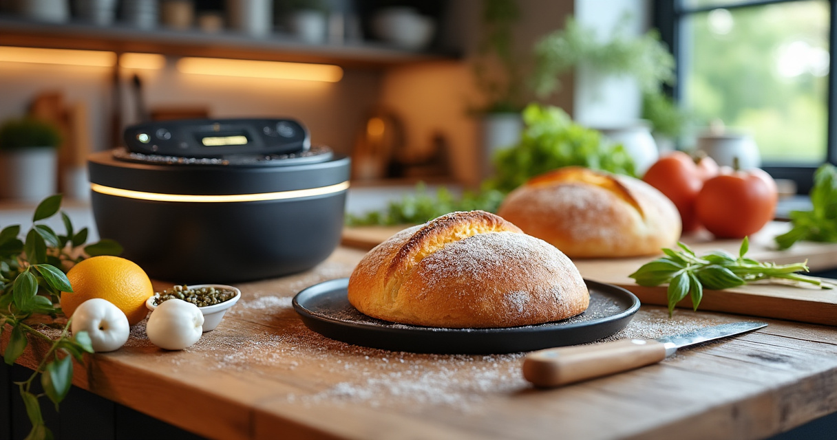 Moderner Brotbackautomat mit frisch gebackenem Brot auf Küchentheke