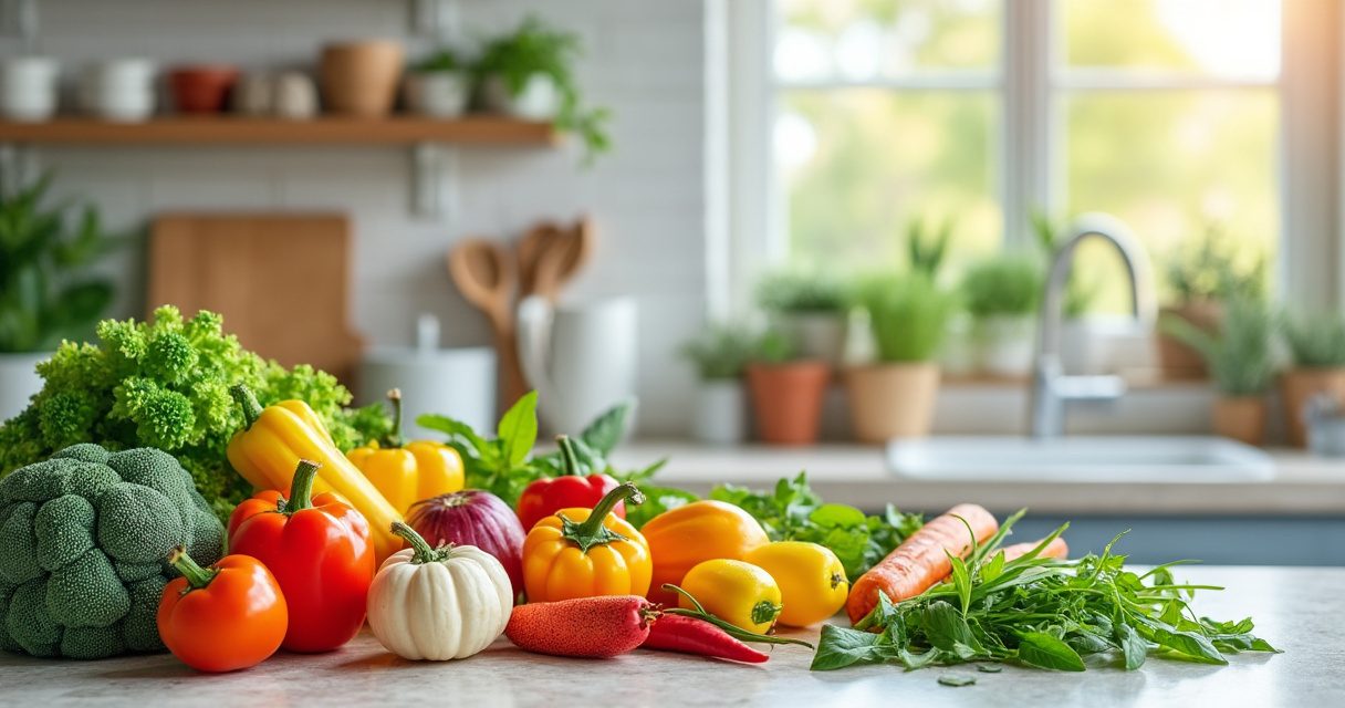 Stilvoll eingedeckte helle Küche mit Küchenmaschine, frischen Zutaten und Kochgeschirr