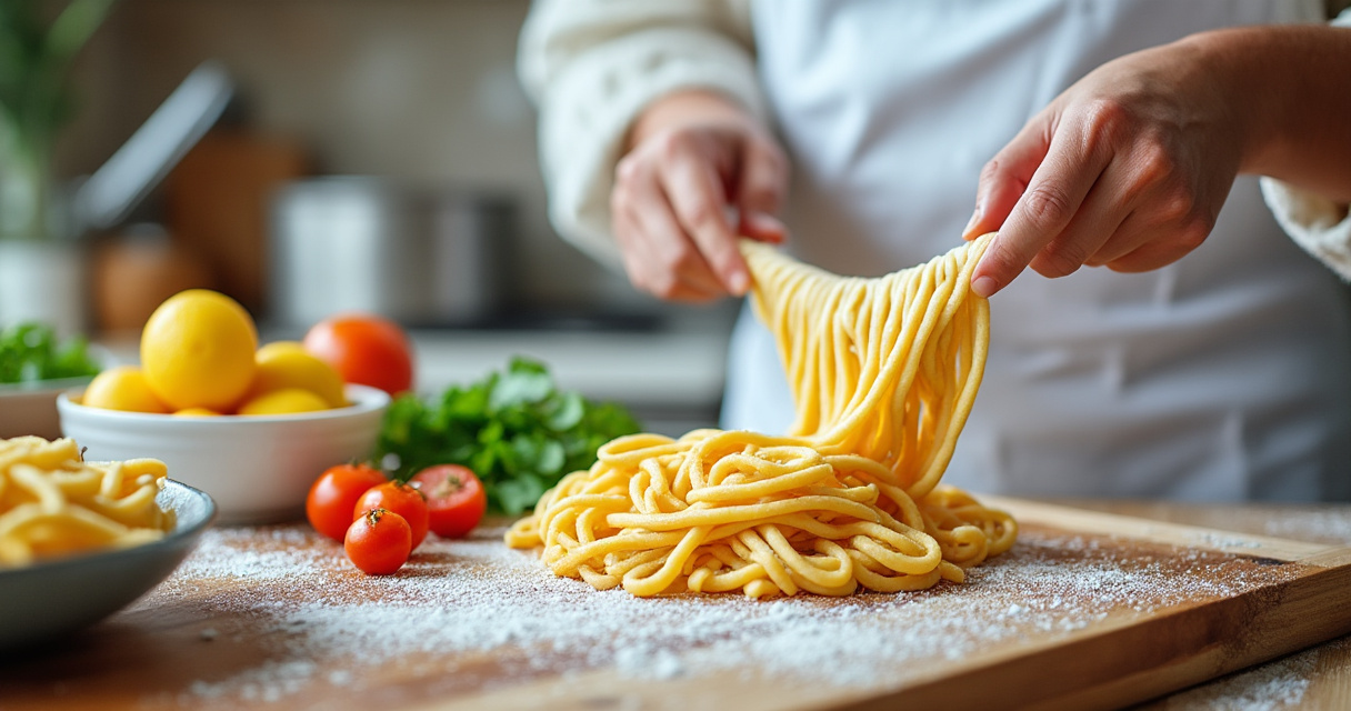 Nudelmaschine mit frischer Pasta auf heller Arbeitsfläche