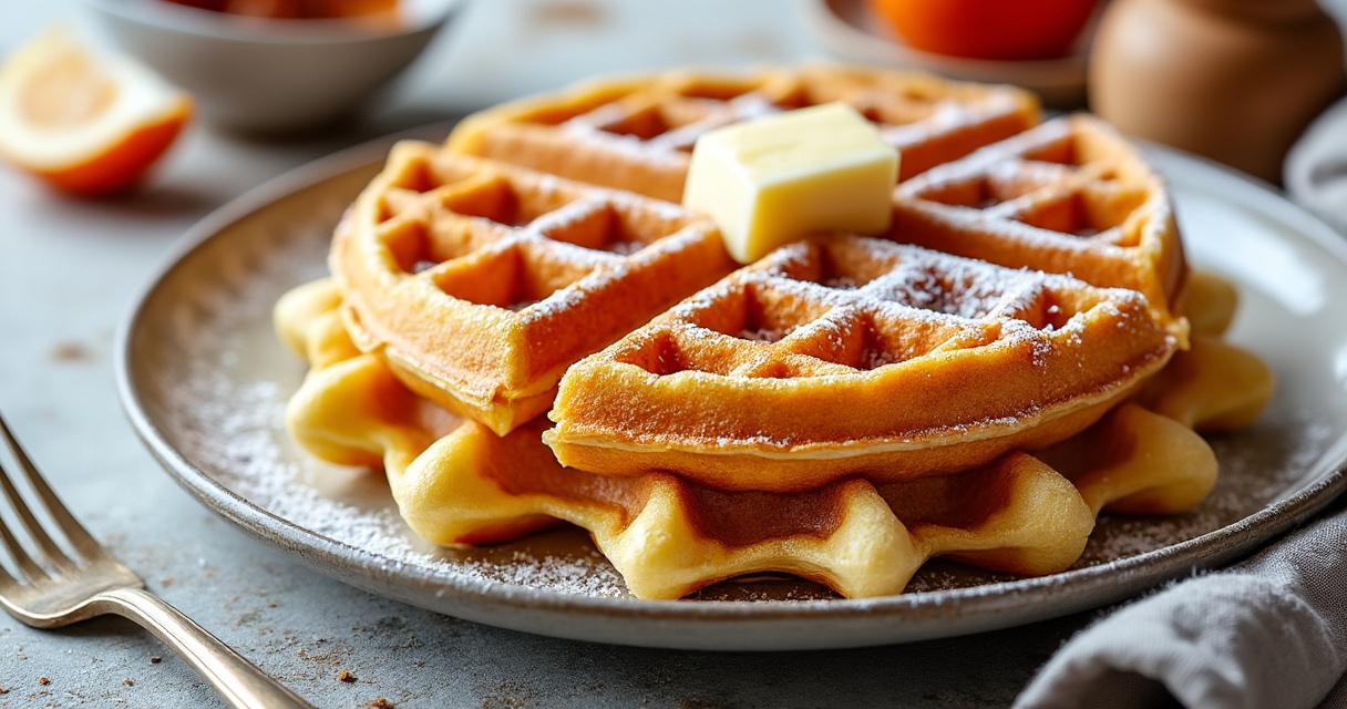 Modernes Waffeleisen mit goldbraunen belgischen Waffeln